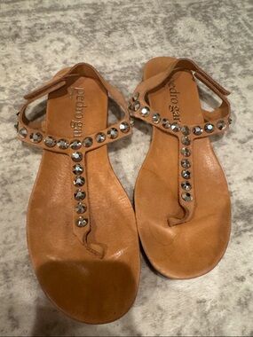 Pedro Garcia Cognac Leather T-Strap Sandals with Crystal Studs